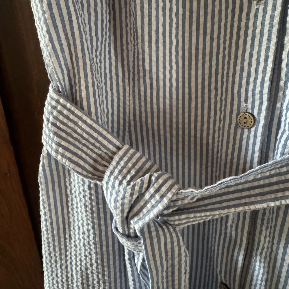 Anne Klein Blue Striped Seersucker Sleeveless Midi Shirt Dress - Picture 5 of 10